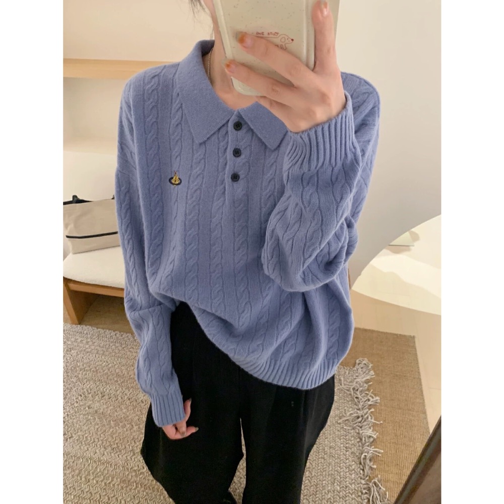 Vivienne Westwood 針織衫 顯瘦針織毛衣上衣  刺繡麻花polo領羊毛針織衫 休閒毛衣 經典土星簡約百搭-細節圖3