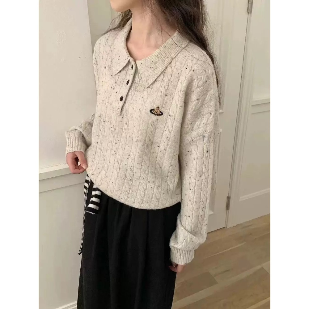 Vivienne Westwood 針織衫 顯瘦針織毛衣上衣  刺繡麻花polo領羊毛針織衫 休閒毛衣 經典土星簡約百搭-細節圖4