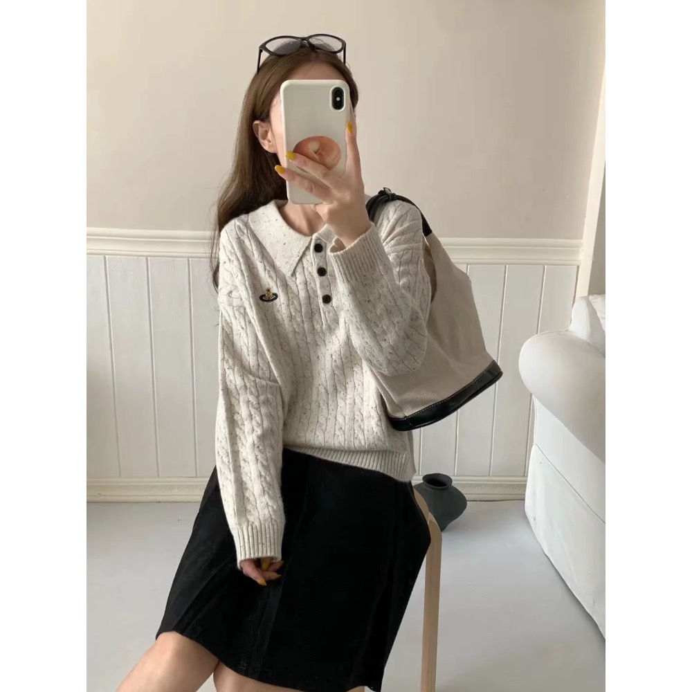 Vivienne Westwood 針織衫 顯瘦針織毛衣上衣  刺繡麻花polo領羊毛針織衫 休閒毛衣 經典土星簡約百搭-細節圖5