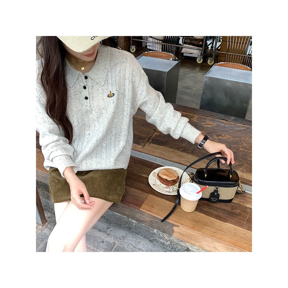 Vivienne Westwood 針織衫 顯瘦針織毛衣上衣  刺繡麻花polo領羊毛針織衫 休閒毛衣 經典土星簡約百搭-細節圖6