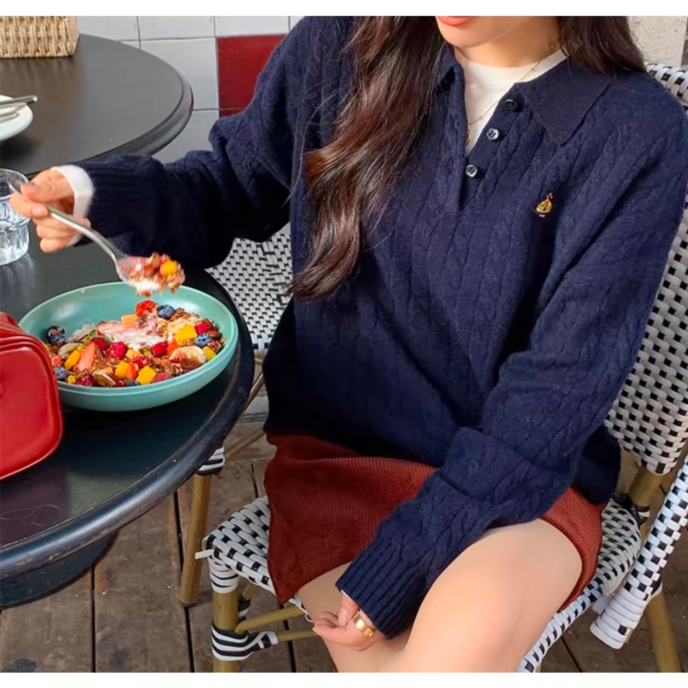 Vivienne Westwood 針織衫 顯瘦針織毛衣上衣  刺繡麻花polo領羊毛針織衫 休閒毛衣 經典土星簡約百搭-細節圖8