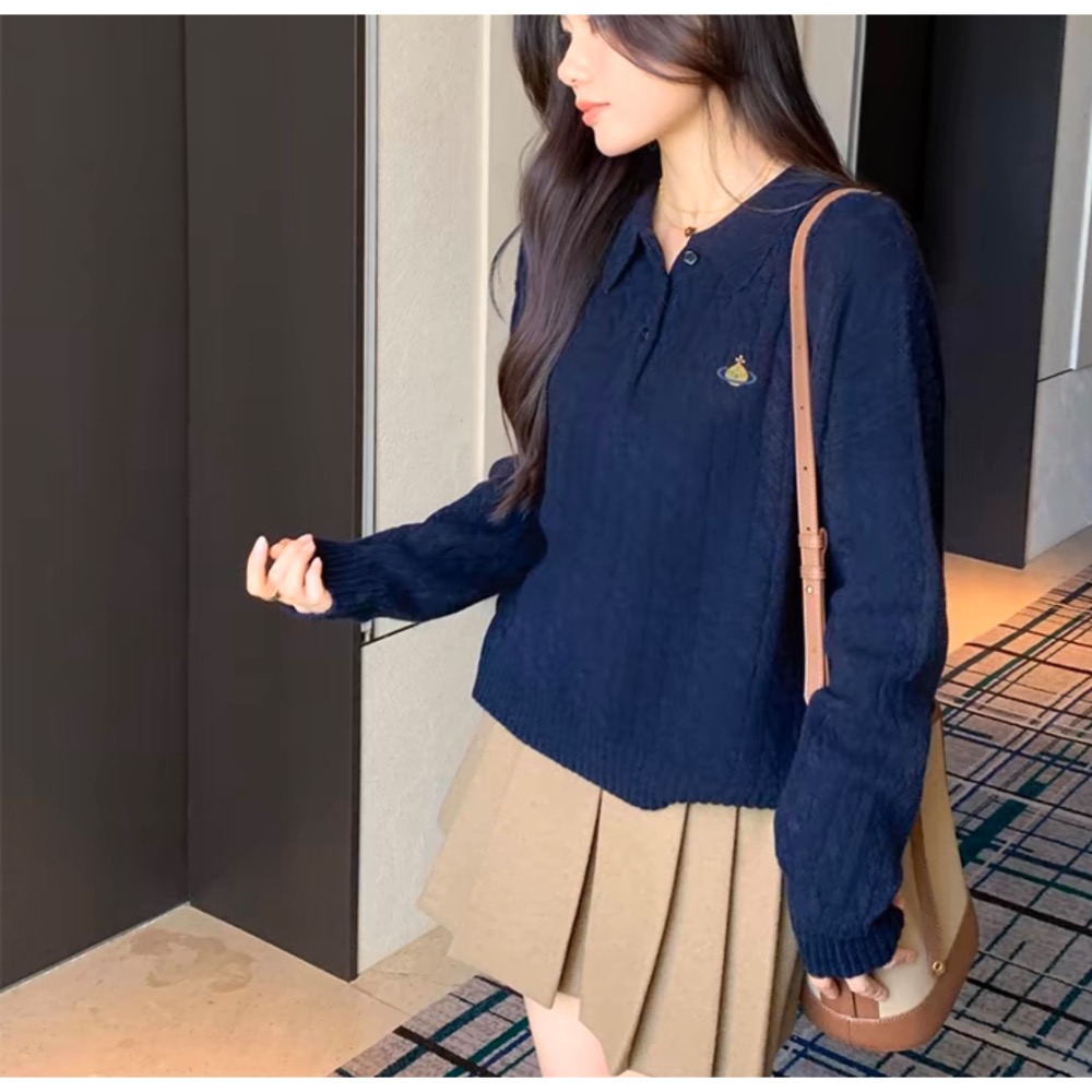 Vivienne Westwood 針織衫 顯瘦針織毛衣上衣  刺繡麻花polo領羊毛針織衫 休閒毛衣 經典土星簡約百搭-細節圖9