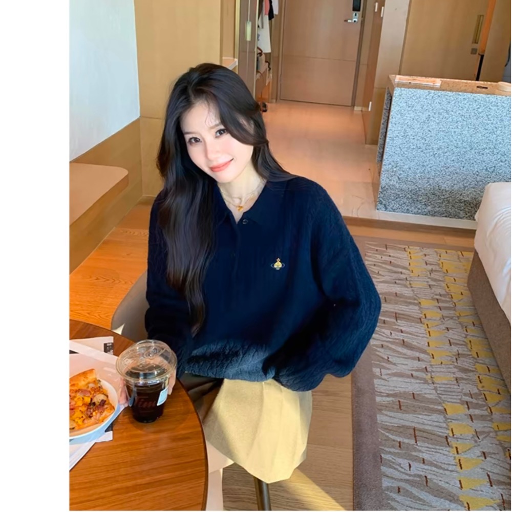 Vivienne Westwood 針織衫 顯瘦針織毛衣上衣  刺繡麻花polo領羊毛針織衫 休閒毛衣 經典土星簡約百搭-細節圖10