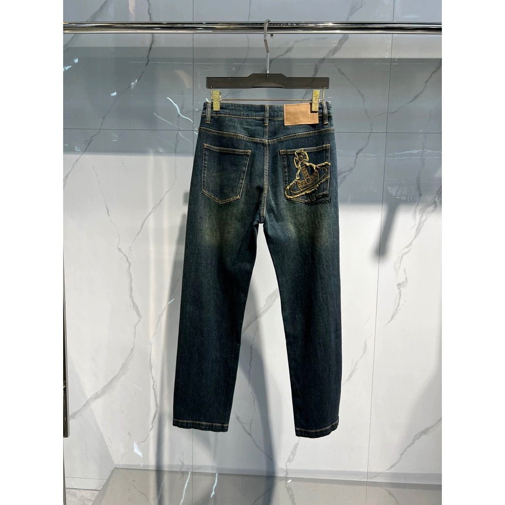 Vivienne Westwood 牛仔褲 土星刺繡高時尚簡約繡標刺繡直筒修身休閒褲 男士百搭水洗牛仔褲百搭 舒適休閒時-細節圖6