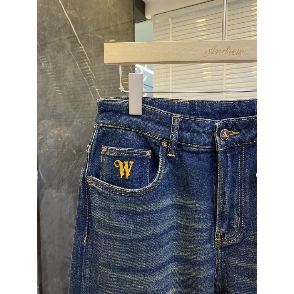 Vivienne Westwood 牛仔褲 土星刺繡高時尚簡約繡標刺繡直筒修身休閒褲 男士百搭水洗牛仔褲百搭 舒適休閒時-細節圖7