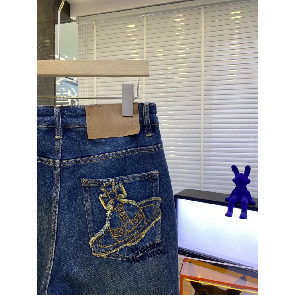 Vivienne Westwood 牛仔褲 土星刺繡高時尚簡約繡標刺繡直筒修身休閒褲 男士百搭水洗牛仔褲百搭 舒適休閒時-細節圖8