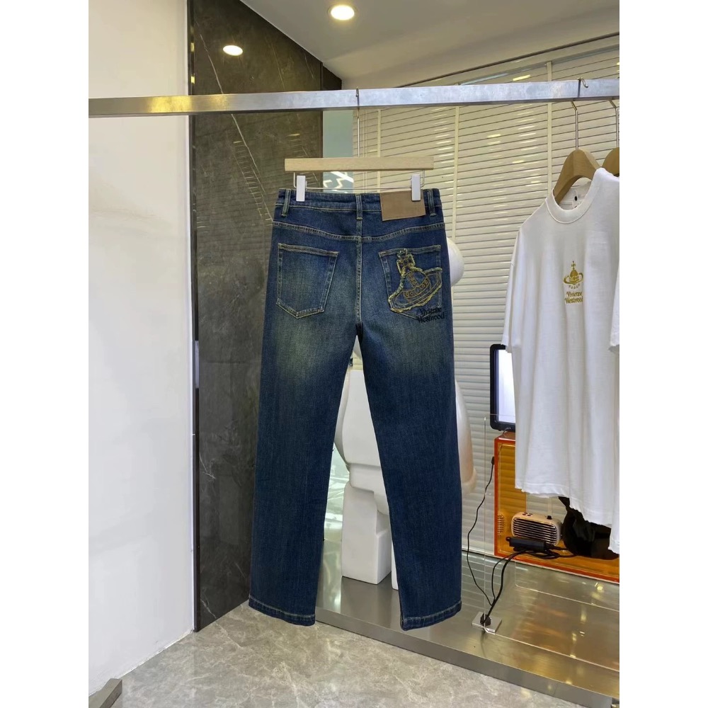Vivienne Westwood 牛仔褲 土星刺繡高時尚簡約繡標刺繡直筒修身休閒褲 男士百搭水洗牛仔褲百搭 舒適休閒時-細節圖9