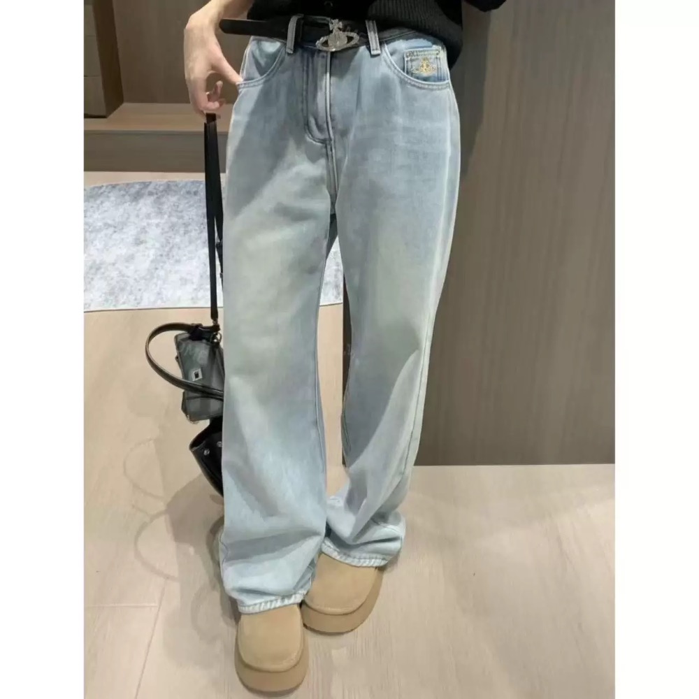 Vivienne Westwood 牛仔褲 高腰顯瘦 經典土星刺繡 直筒修身 百搭長褲  ✔️國際運送約十幾天，可以等待-細節圖2