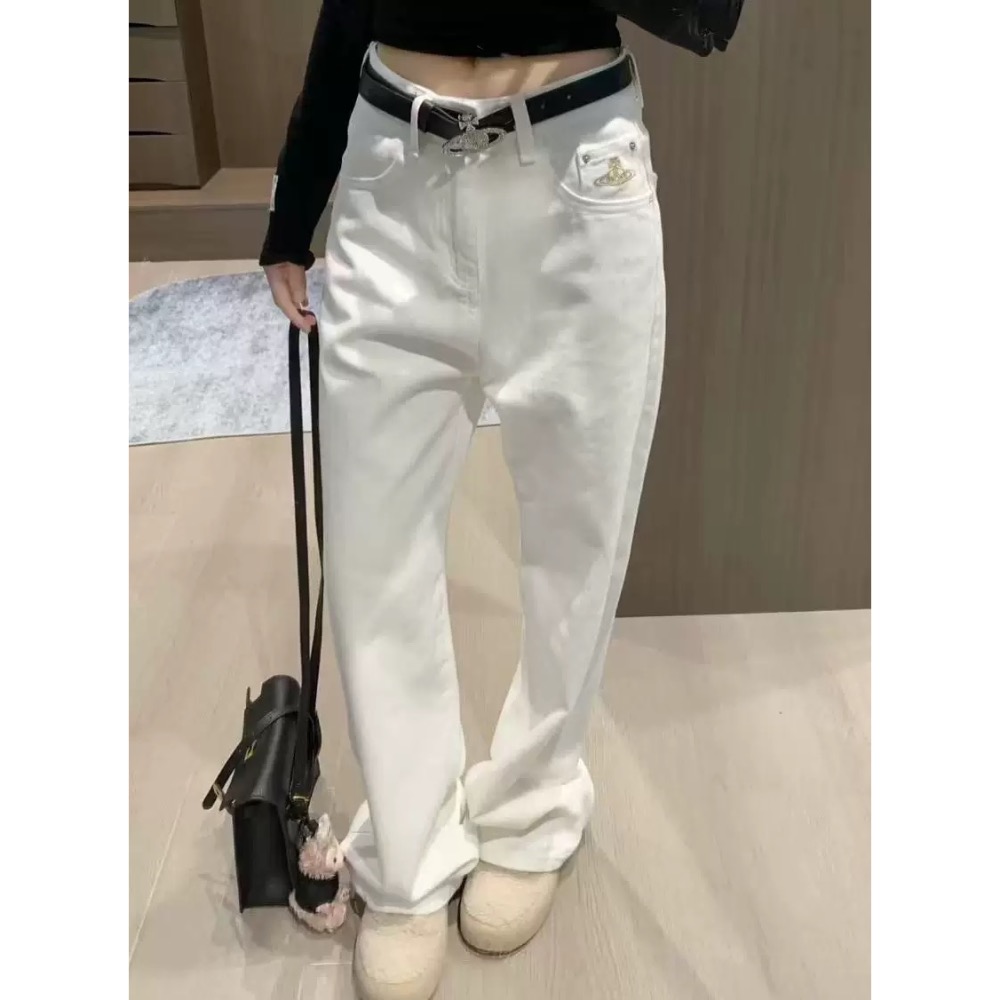 Vivienne Westwood 牛仔褲 高腰顯瘦 經典土星刺繡 直筒修身 百搭長褲  ✔️國際運送約十幾天，可以等待-細節圖3