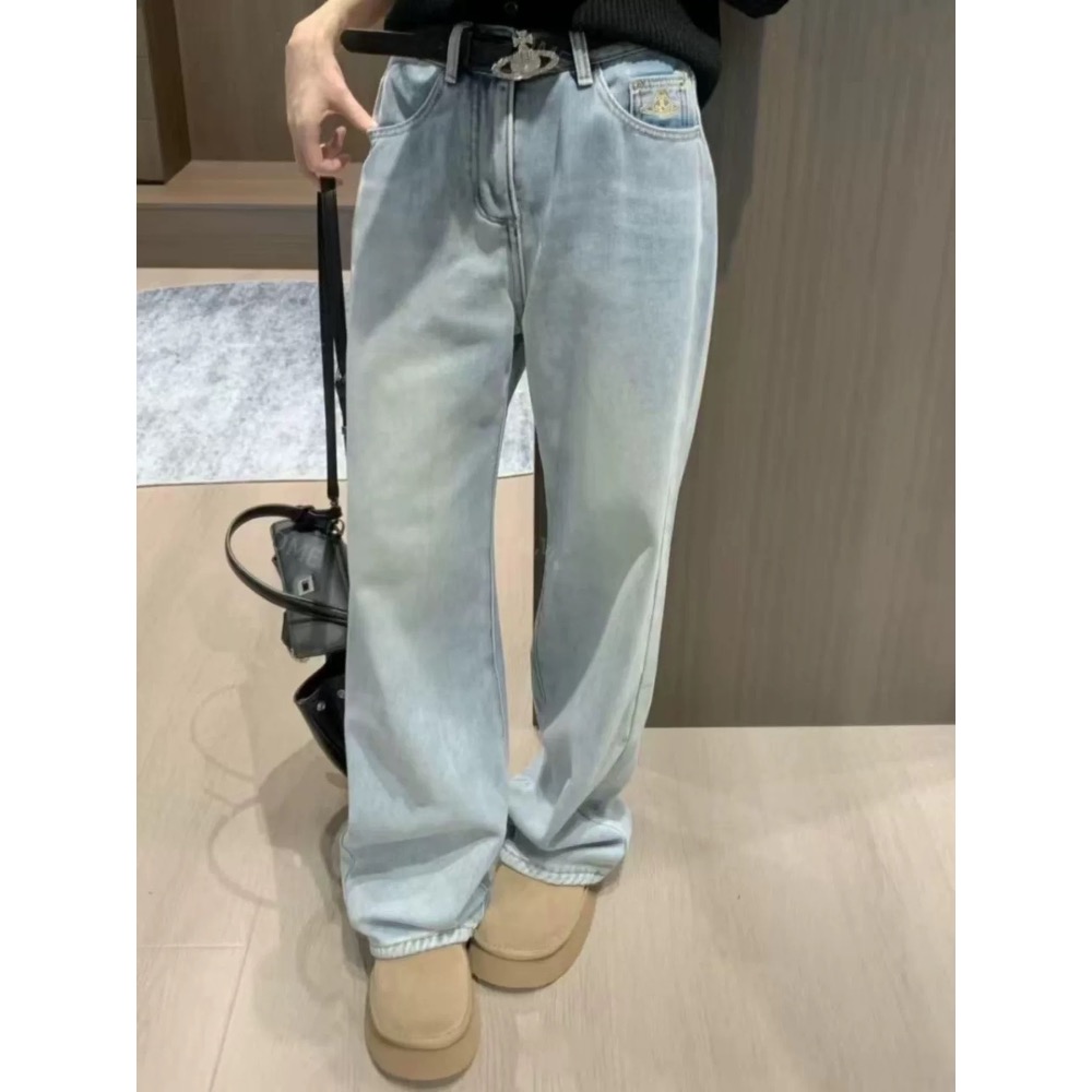 Vivienne Westwood 牛仔褲 高腰顯瘦 經典土星刺繡 直筒修身 百搭長褲  ✔️國際運送約十幾天，可以等待-細節圖4