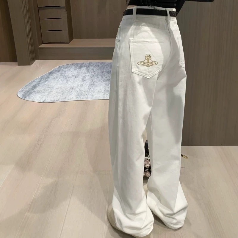 Vivienne Westwood 牛仔褲 高腰顯瘦 經典土星刺繡 直筒修身 百搭長褲  ✔️國際運送約十幾天，可以等待-細節圖6