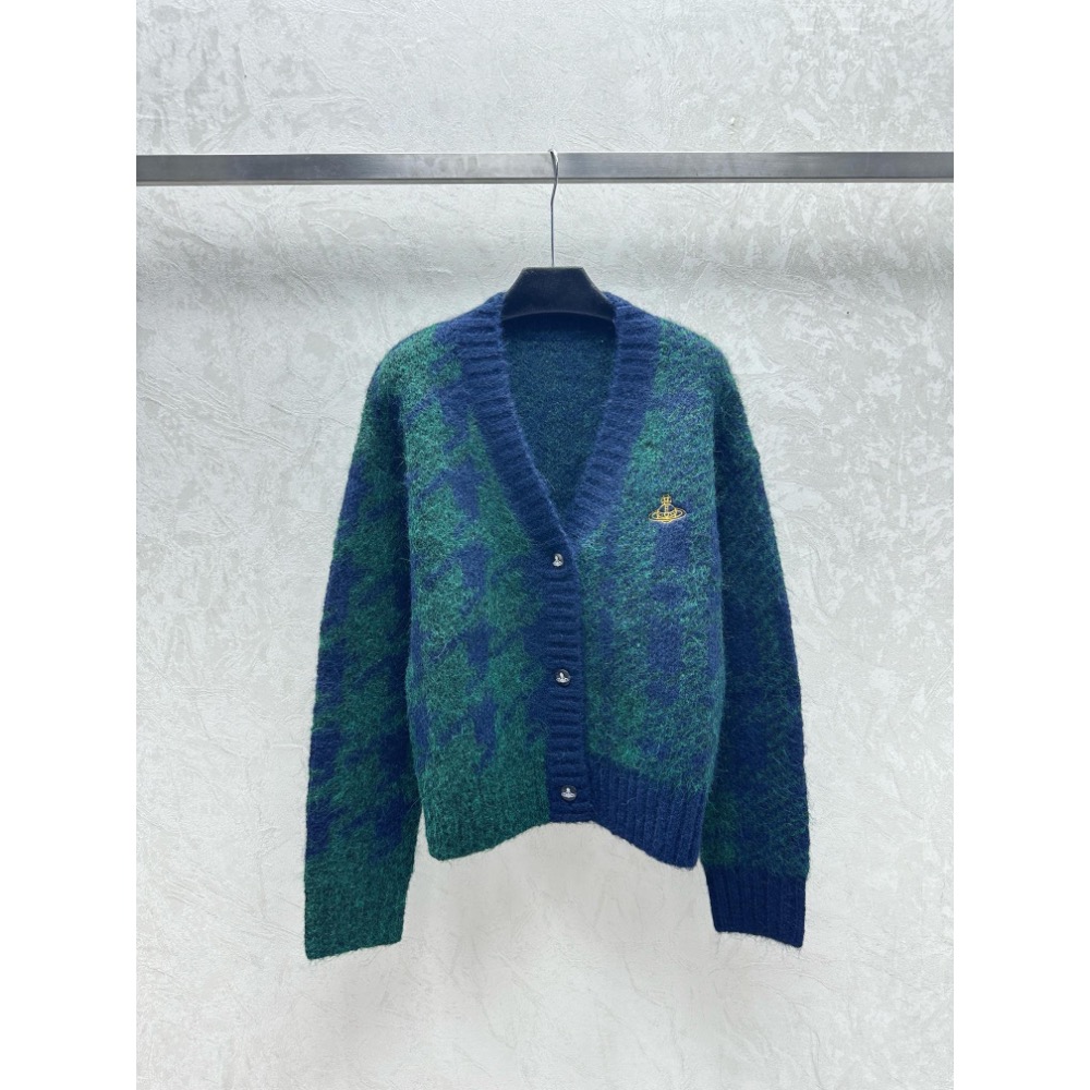 Vivienne Westwood 針織外套 毛衣外套  V領開襟衫針織毛衣外套 簡約撞色千鳥格拼接格子針織v領開衫 3-細節圖4