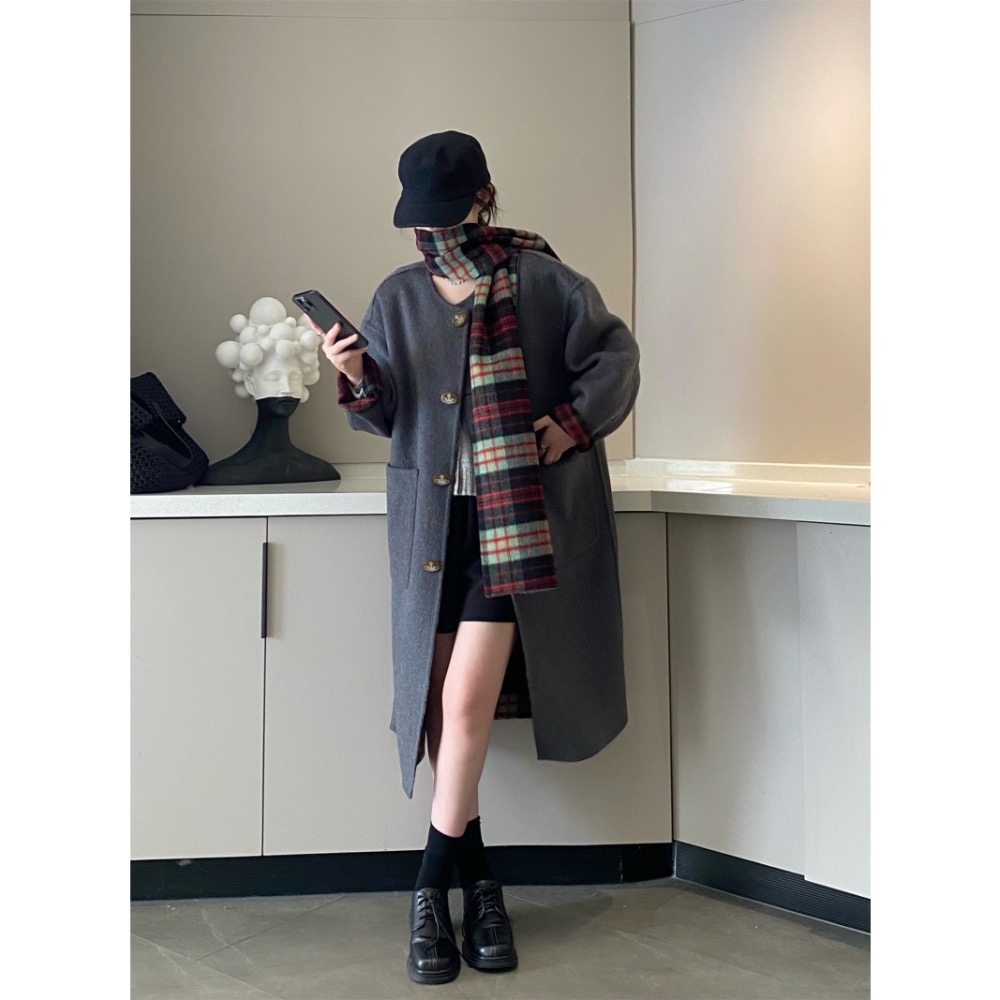 Vivienne Westwood 圍巾 大衣 披肩 圍脖 氣質 ， 格子兩面穿配圍巾大衣（四種穿法）超細100支100-細節圖5