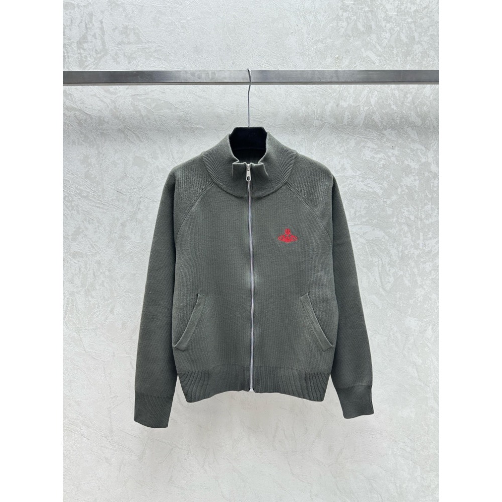 Vivienne Westwood 外套 棒球外套 夾克 美式復古~ 簡約純色刺繡土星logo針織拉鍊立領外套，顏色：玫-細節圖3