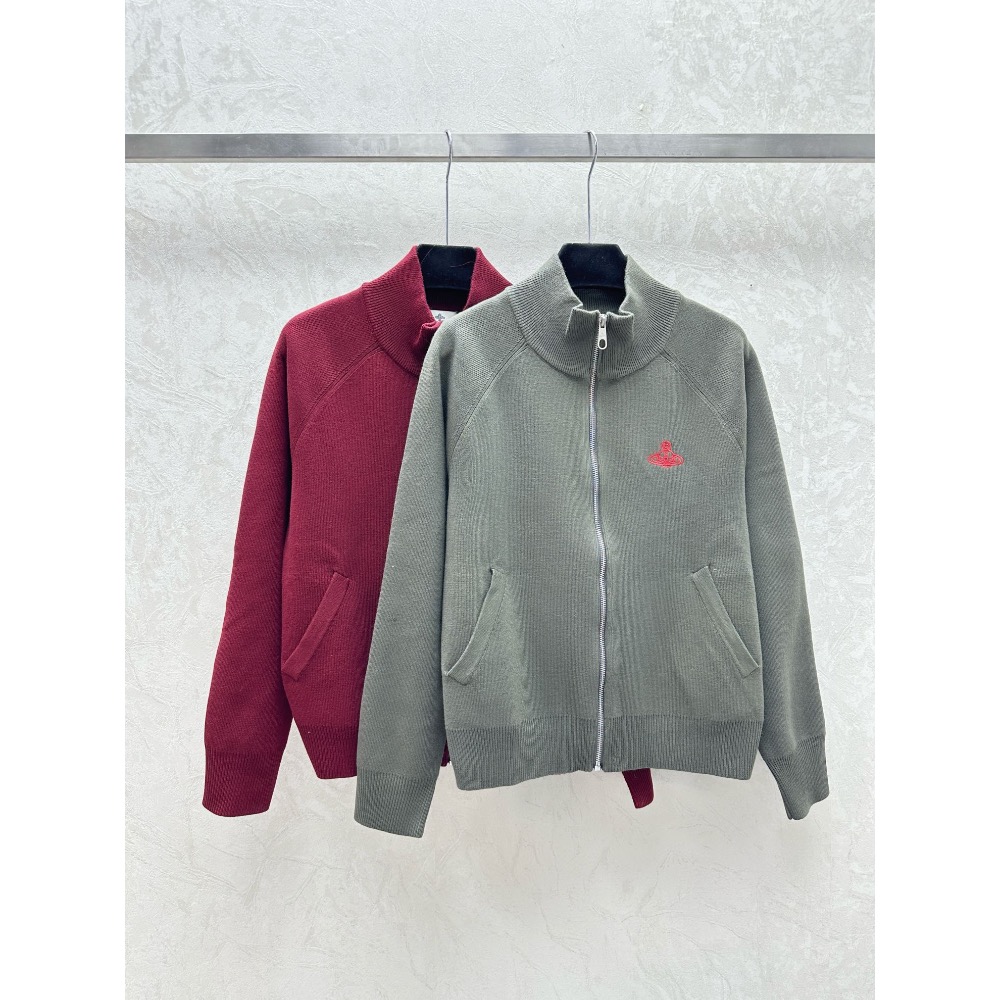 Vivienne Westwood 外套 棒球外套 夾克 美式復古~ 簡約純色刺繡土星logo針織拉鍊立領外套，顏色：玫-細節圖5