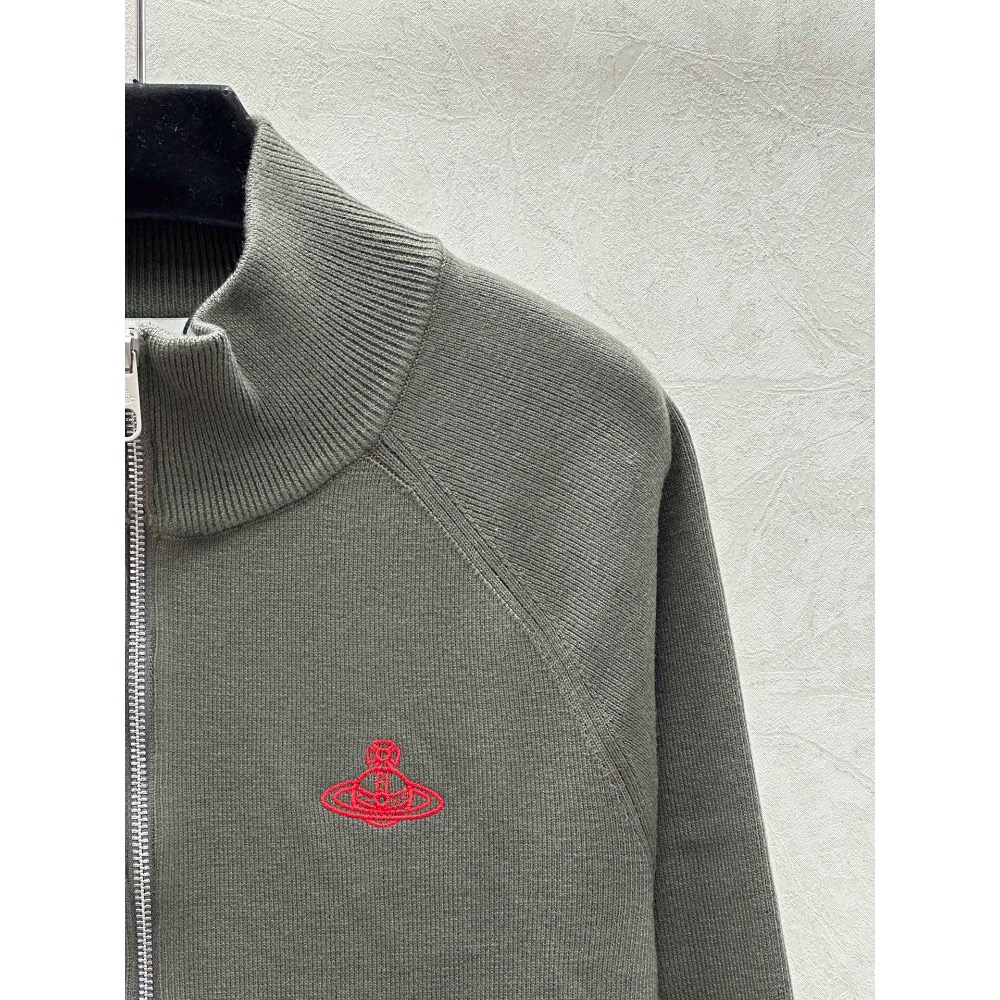 Vivienne Westwood 外套 棒球外套 夾克 美式復古~ 簡約純色刺繡土星logo針織拉鍊立領外套，顏色：玫-細節圖6