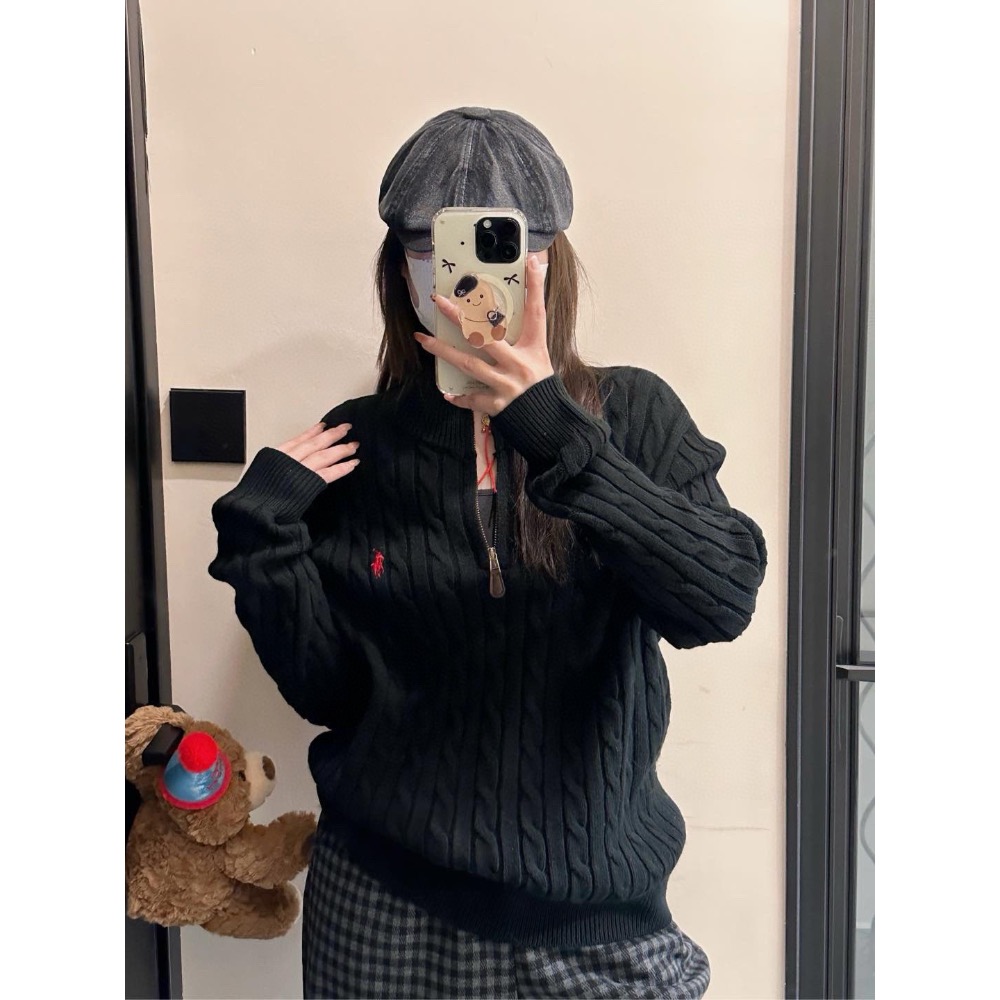 RL polo 毛衣 針織衫 上衣 T恤 經典戰馬簡約百搭 半拉鍊立領套頭衫 絞花羊毛衫  𝟗𝟎%羊毛➕𝟏𝟎%羊-細節圖2