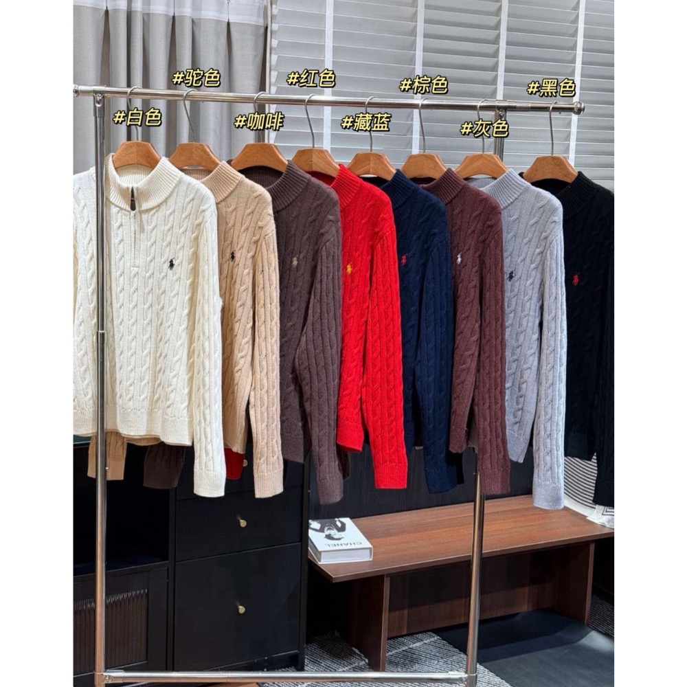RL polo 毛衣 針織衫 上衣 T恤 經典戰馬簡約百搭 半拉鍊立領套頭衫 絞花羊毛衫  𝟗𝟎%羊毛➕𝟏𝟎%羊-細節圖5
