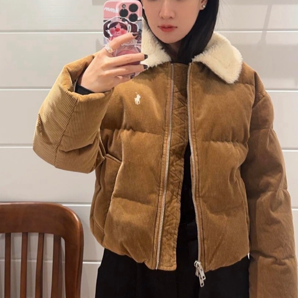 RL 外套 經典小馬刺繡 漂亮羊羔毛領老錢風燈芯絨羽絨外套 翻領毛毛Q 輕薄就保暖 簡約百搭羽絨外套 清新好氣質 顯白-細節圖2