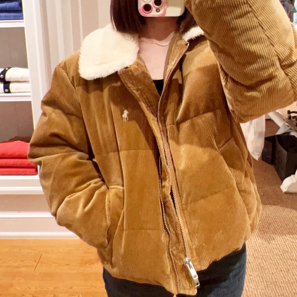 RL 外套 經典小馬刺繡 漂亮羊羔毛領老錢風燈芯絨羽絨外套 翻領毛毛Q 輕薄就保暖 簡約百搭羽絨外套 清新好氣質 顯白-細節圖4