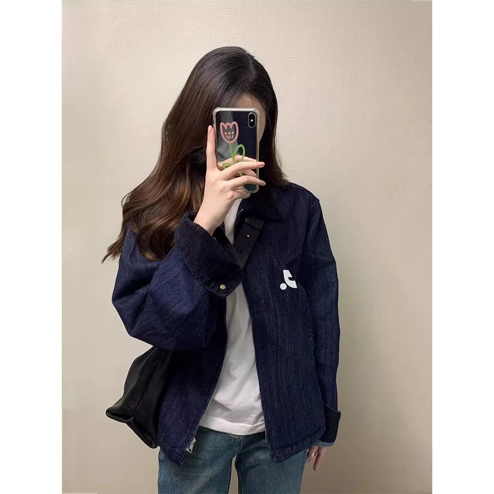 韓國RR 牛仔外套 百搭外套 四季皆宜 版型特別好看 Retionan 復古牛仔外套女 翻領燈芯絨拼接夾克上衣  您願等-細節圖5
