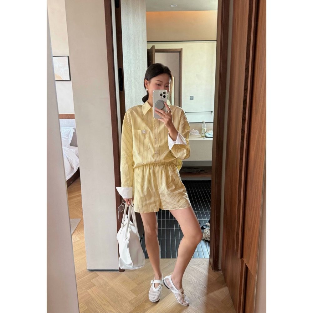 courreges 襯衫 套裝 休閒襯衫 經典logo防曬外套 休閒短褲 撞色設計條紋襯衫套裝 懶人一套搭配 日常時髦毫-細節圖2