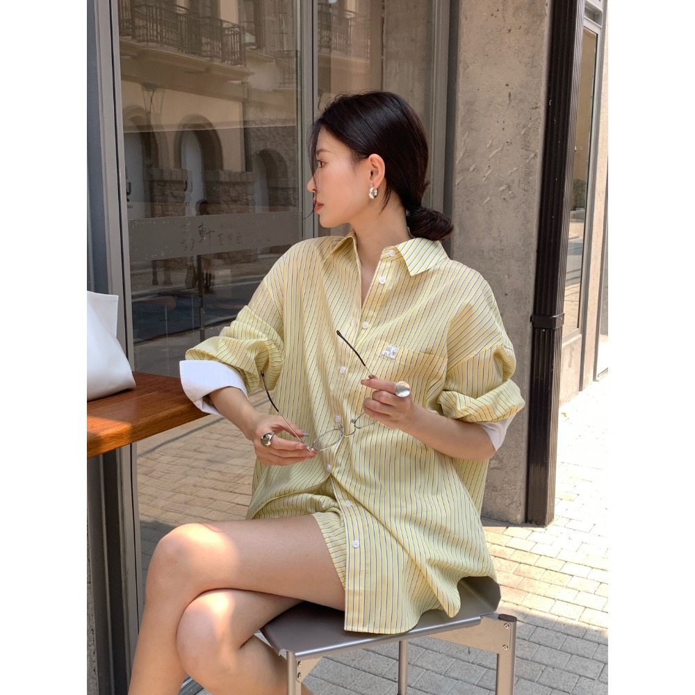 courreges 襯衫 套裝 休閒襯衫 經典logo防曬外套 休閒短褲 撞色設計條紋襯衫套裝 懶人一套搭配 日常時髦毫-細節圖3