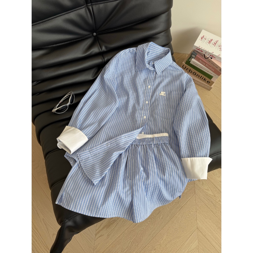 courreges 襯衫 套裝 休閒襯衫 經典logo防曬外套 休閒短褲 撞色設計條紋襯衫套裝 懶人一套搭配 日常時髦毫-細節圖4