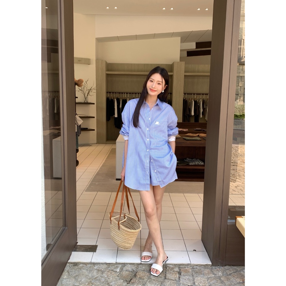courreges 襯衫 套裝 休閒襯衫 經典logo防曬外套 休閒短褲 撞色設計條紋襯衫套裝 懶人一套搭配 日常時髦毫-細節圖6