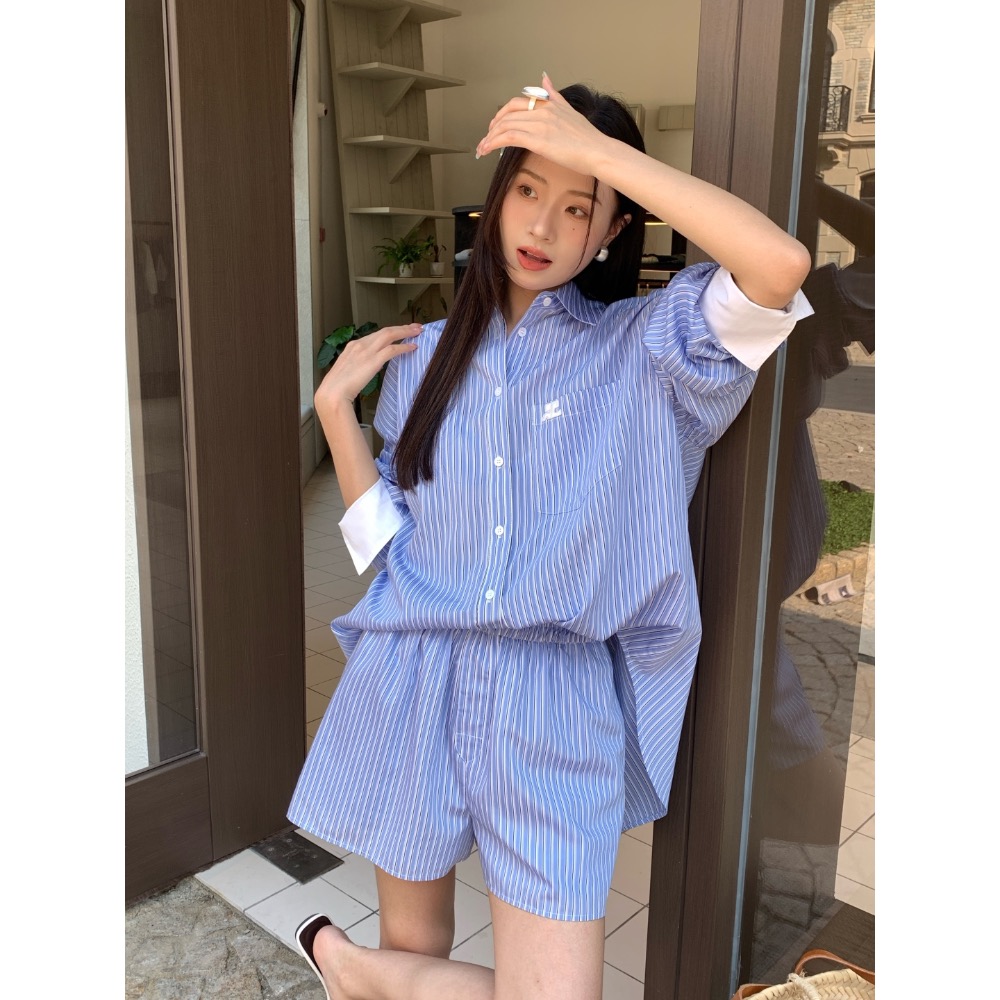 courreges 襯衫 套裝 休閒襯衫 經典logo防曬外套 休閒短褲 撞色設計條紋襯衫套裝 懶人一套搭配 日常時髦毫-細節圖7