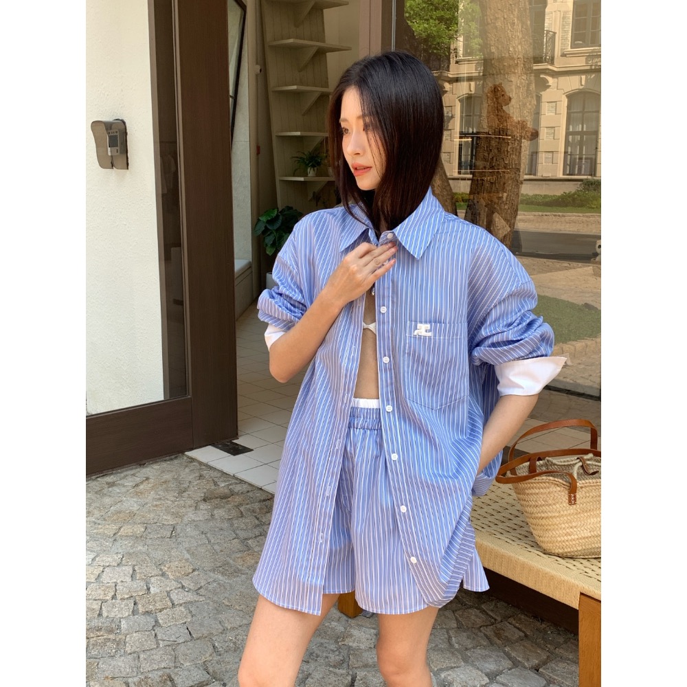 courreges 襯衫 套裝 休閒襯衫 經典logo防曬外套 休閒短褲 撞色設計條紋襯衫套裝 懶人一套搭配 日常時髦毫-細節圖9