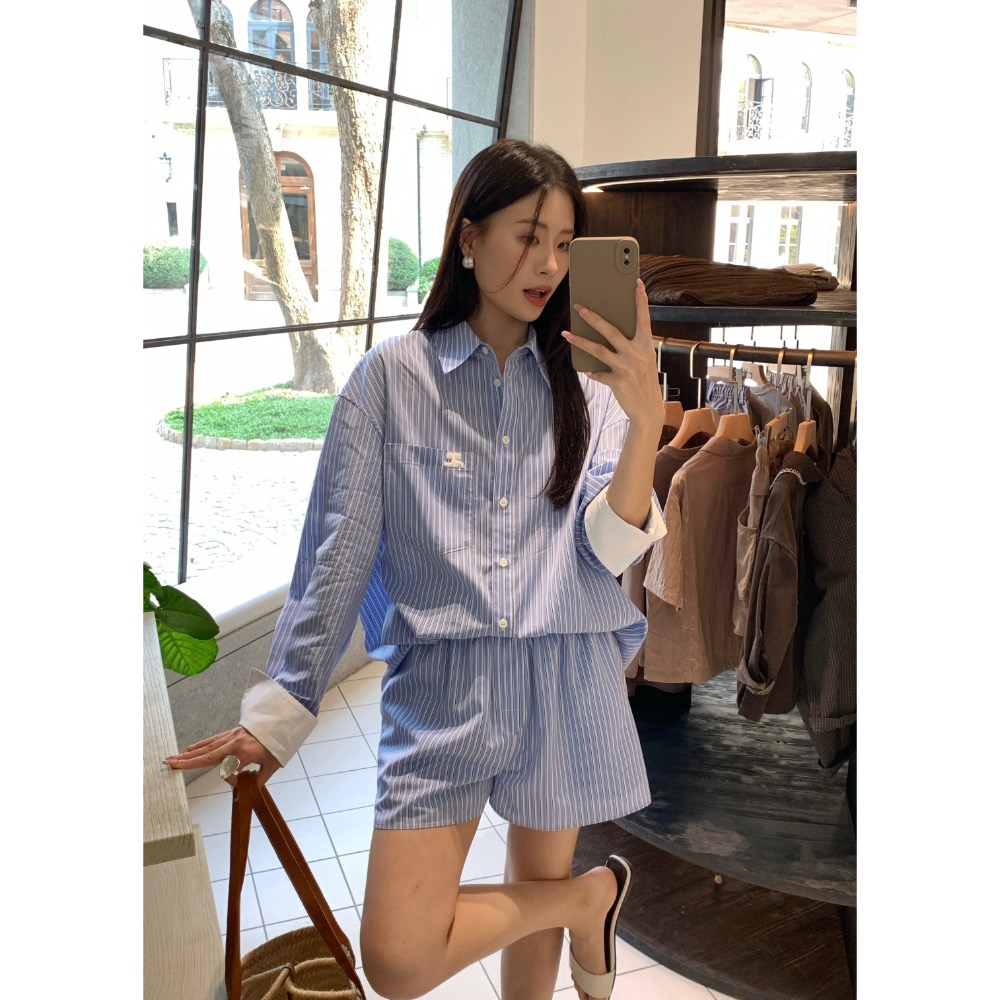 courreges 襯衫 套裝 休閒襯衫 經典logo防曬外套 休閒短褲 撞色設計條紋襯衫套裝 懶人一套搭配 日常時髦毫-細節圖10