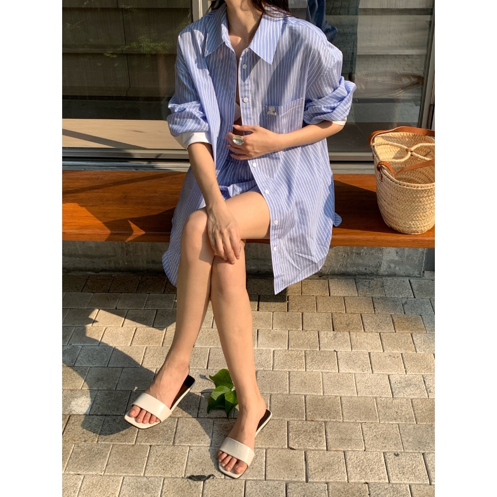 courreges 襯衫 套裝 休閒襯衫 經典logo防曬外套 休閒短褲 撞色設計條紋襯衫套裝 懶人一套搭配 日常時髦毫-細節圖11