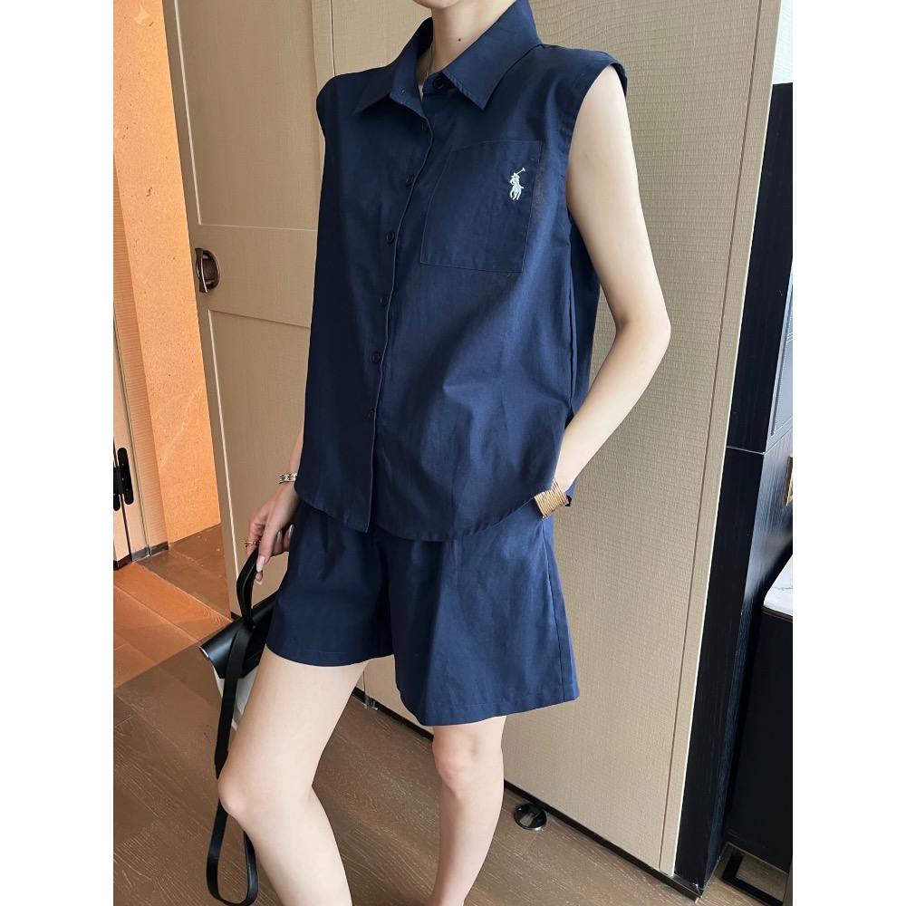 RL polo 套裝 短褲 無袖襯衫 春夏最新款經典logo刺繡休閒套裝 🖤無袖翻領上衣+短褲 logo標識刺繡點綴-細節圖3