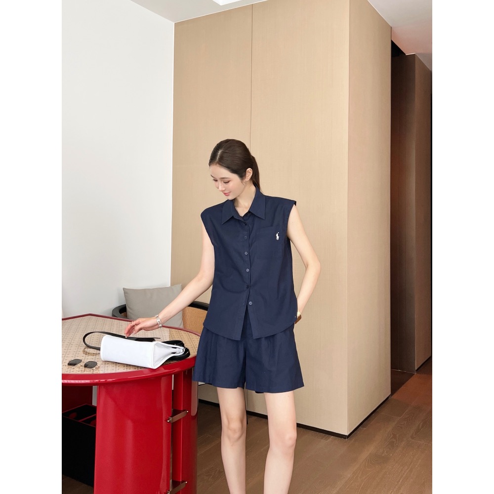 RL polo 套裝 短褲 無袖襯衫 春夏最新款經典logo刺繡休閒套裝 🖤無袖翻領上衣+短褲 logo標識刺繡點綴-細節圖4