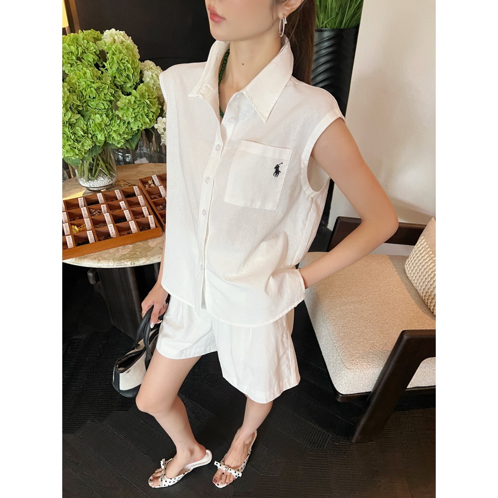 RL polo 套裝 短褲 無袖襯衫 春夏最新款經典logo刺繡休閒套裝 🖤無袖翻領上衣+短褲 logo標識刺繡點綴-細節圖5