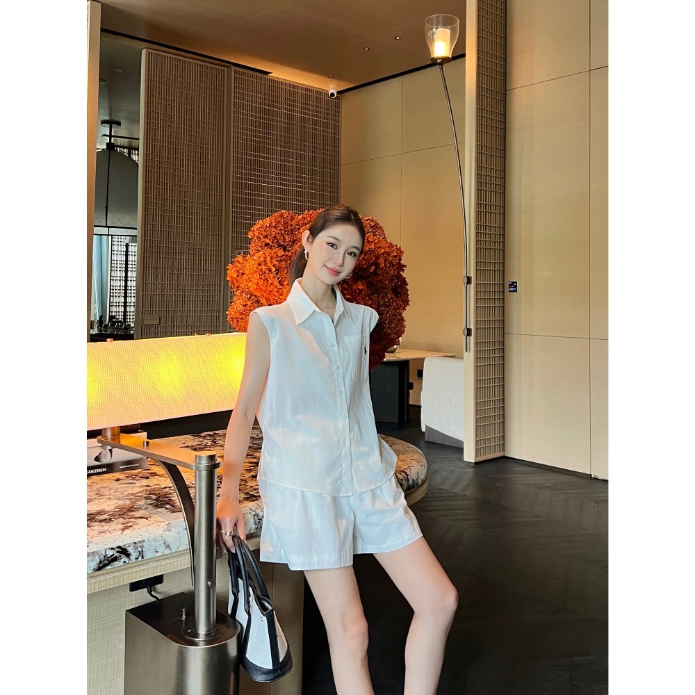 RL polo 套裝 短褲 無袖襯衫 春夏最新款經典logo刺繡休閒套裝 🖤無袖翻領上衣+短褲 logo標識刺繡點綴-細節圖8