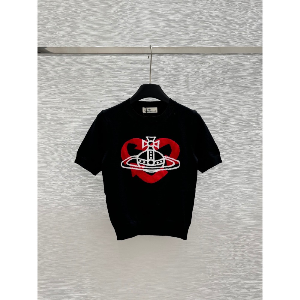 氣質系針織 Vivienne Westwood 上衣 土星提花修身針織短袖圓領彈力休閒顯瘦!愛心土星提花圓領針織短袖 顏-細節圖2