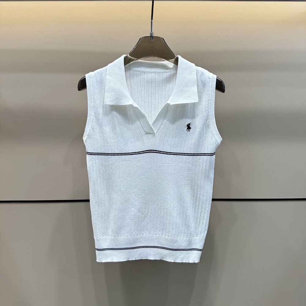 RL 無針織衫 polo上衣 小馬撞色polo領針織背心冰絲翻領T恤上衣 學院風刺繡格紋圓領針織無袖POLO針織衫 條紋-細節圖2