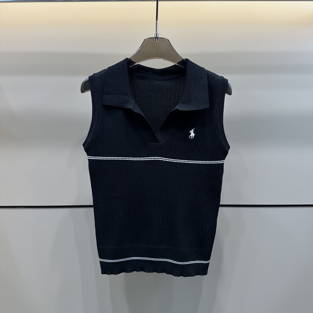 RL 無針織衫 polo上衣 小馬撞色polo領針織背心冰絲翻領T恤上衣 學院風刺繡格紋圓領針織無袖POLO針織衫 條紋-細節圖4