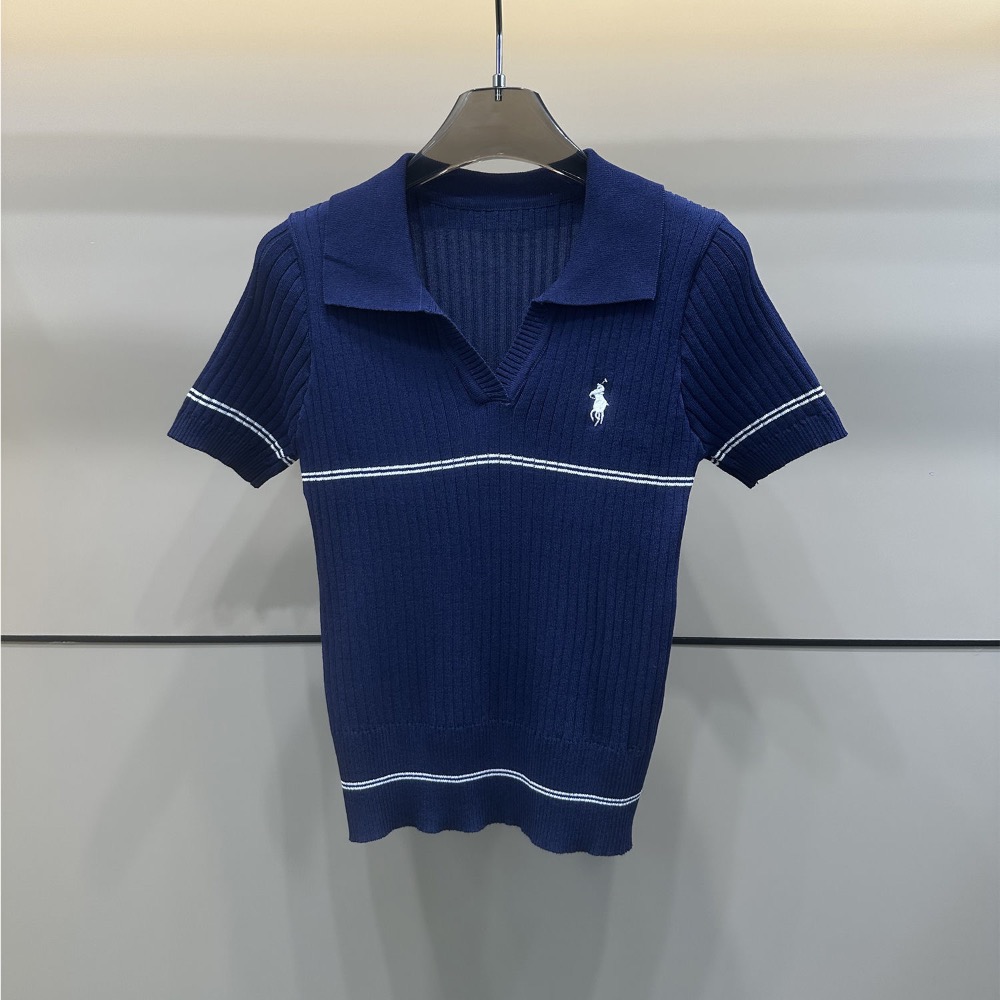 RL 短袖針織衫 polo上衣 小馬撞色polo領針織背心冰絲翻領T恤上衣 學院風刺繡格紋圓領針織短袖 POLO針織衫-細節圖2