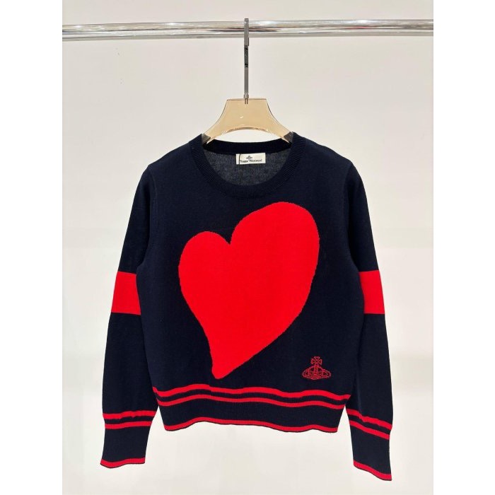 Vivienne Westwood 針織上衣 長袖｜新款圓領土星logo愛心提花簡約撞色休閒針織長袖  一個源自英國的時-細節圖3