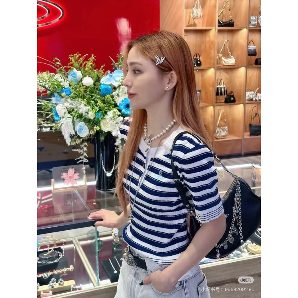 Vivienne Westwood 張元英款短袖針織衫 上衣 學院風圓領針織短袖 針織衫 條紋上衣 清爽有氣質   ✔️-細節圖4