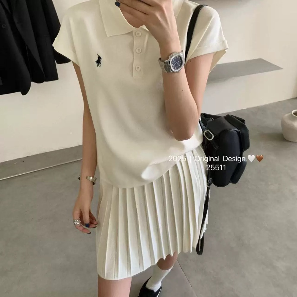 RL 套裝 短裙 針織衫 polo領冰絲針織衫半身裙兩件套裝 經典款戰馬美式復古小馬標上衣+百褶短裙 清爽有氣質 永遠經-細節圖2