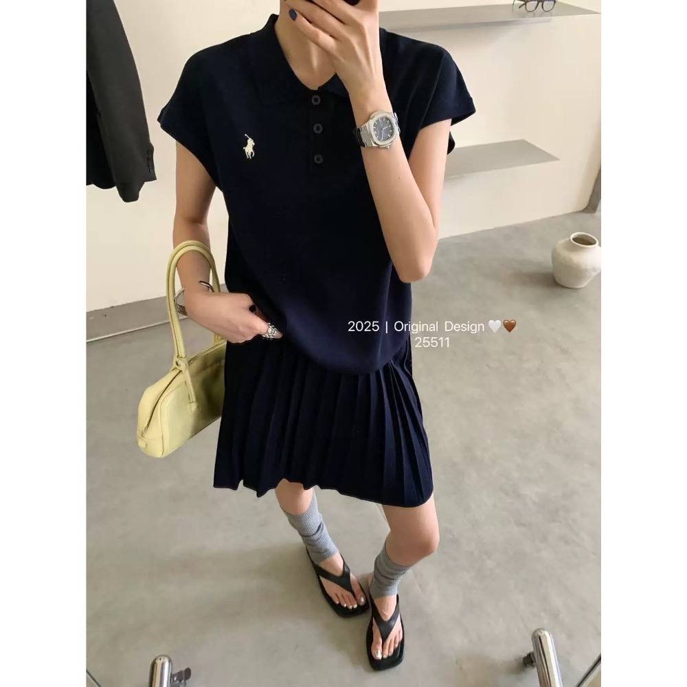 RL 套裝 短裙 針織衫 polo領冰絲針織衫半身裙兩件套裝 經典款戰馬美式復古小馬標上衣+百褶短裙 清爽有氣質 永遠經-細節圖4