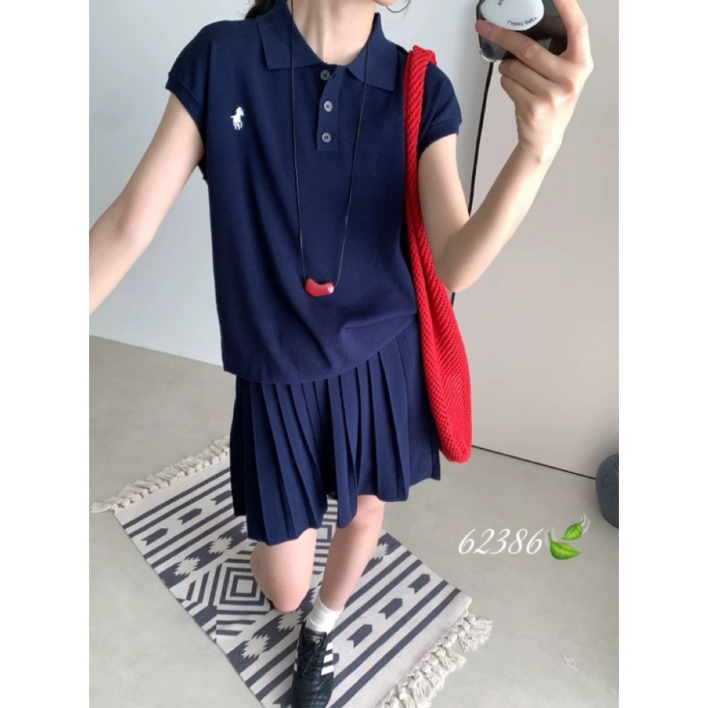 RL 套裝 短裙 針織衫 polo領冰絲針織衫半身裙兩件套裝 經典款戰馬美式復古小馬標上衣+百褶短裙 清爽有氣質 永遠經-細節圖5