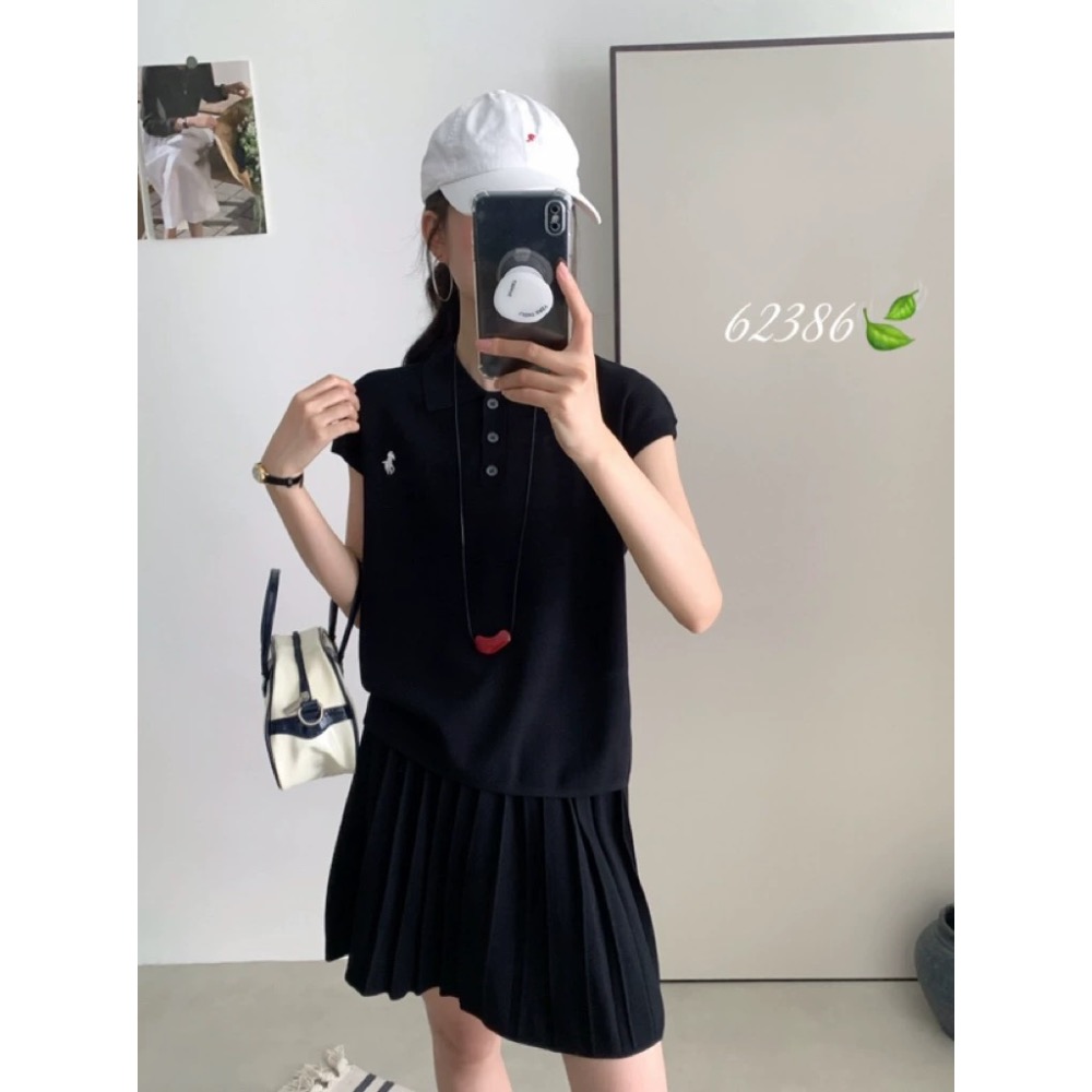 RL 套裝 短裙 針織衫 polo領冰絲針織衫半身裙兩件套裝 經典款戰馬美式復古小馬標上衣+百褶短裙 清爽有氣質 永遠經-細節圖6