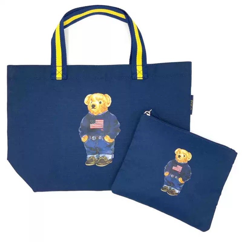 RL polo 肩背包單肩包購物袋托特包大包 小熊拼色帆布包 附零錢小包 可愛萌個性熊bear通勤外出都方便 好氣質-細節圖4