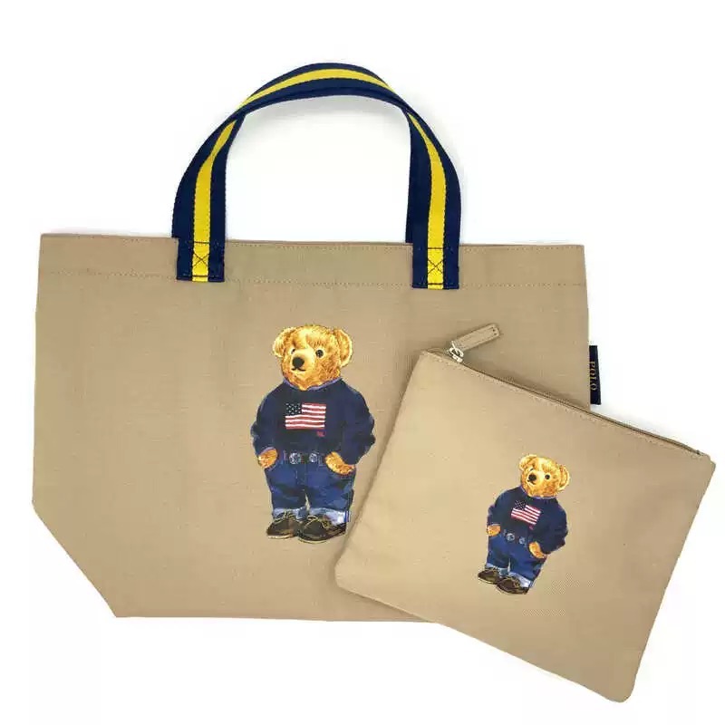 RL polo 肩背包單肩包購物袋托特包大包 小熊拼色帆布包 附零錢小包 可愛萌個性熊bear通勤外出都方便 好氣質-細節圖5