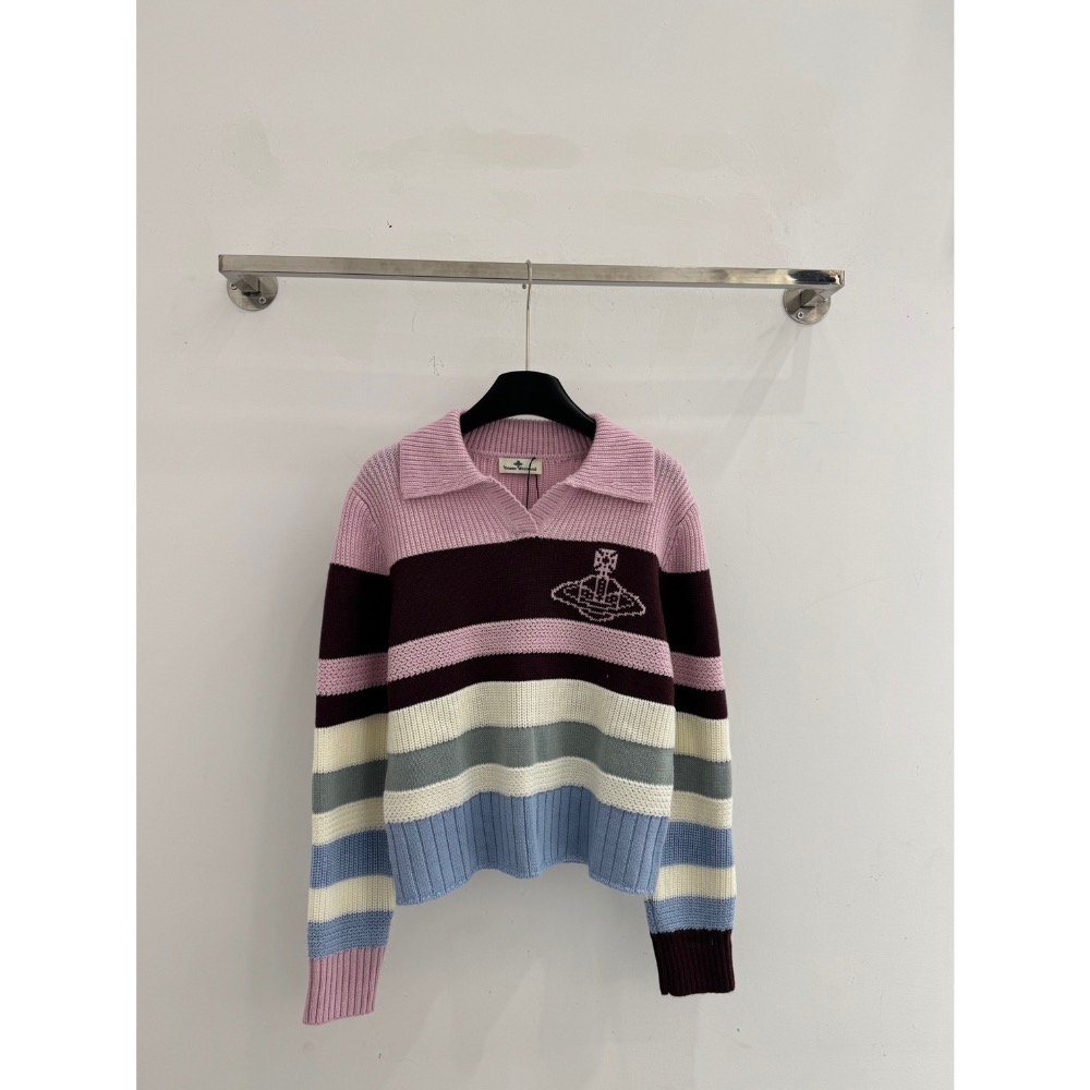 Vivienne Westwood 經典土星圖案刺繡毛衣 撞色寬條紋設計 配色很好看 採用翻領設計 版型寬松休閒 以撞色-細節圖4